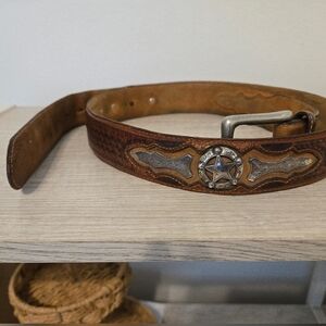 Vintage Justins Odessa Star Silver Texas Ranger Brown Leather Belt Mens Size 44